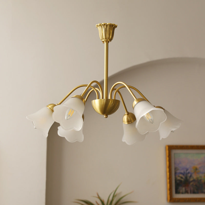 Lustre traditionnel français à tige courbée avec fleurs de rose en cuivre et verre 5/6/8 lumières pour salon 