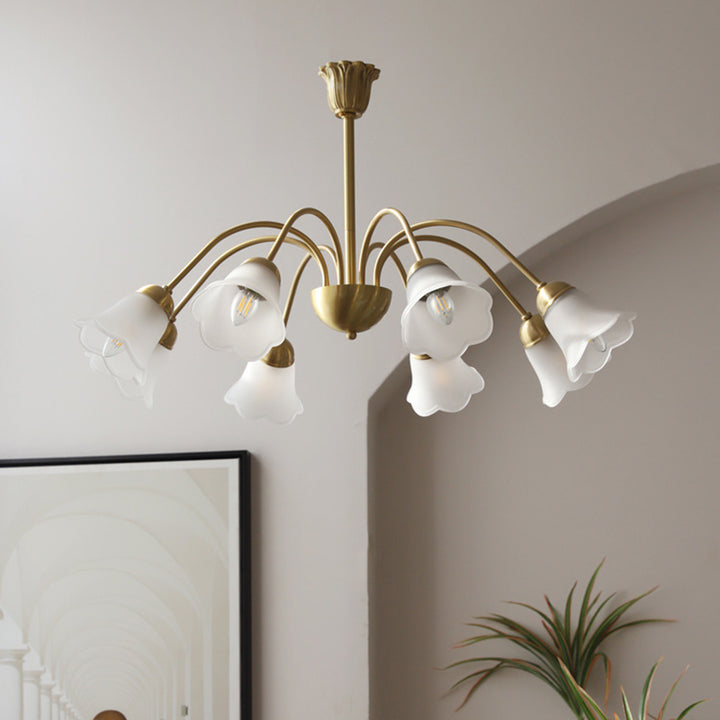 Lustre traditionnel français à tige courbée avec fleurs de rose en cuivre et verre 5/6/8 lumières pour salon 