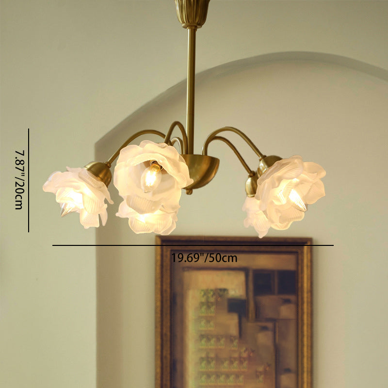 Lustre traditionnel français à tige courbée avec fleurs de rose en cuivre et verre 5/6/8 lumières pour salon 