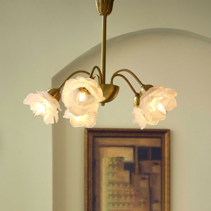 Lustre traditionnel français à tige courbée avec fleurs de rose en cuivre et verre 5/6/8 lumières pour salon 