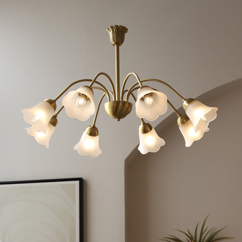Lustre traditionnel français à tige courbée avec fleurs de rose en cuivre et verre 5/6/8 lumières pour salon 