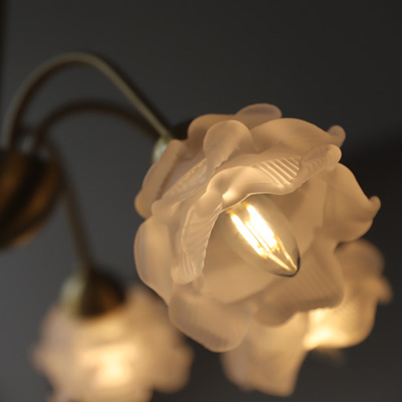 Lustre traditionnel français à tige courbée avec fleurs de rose en cuivre et verre 5/6/8 lumières pour salon 