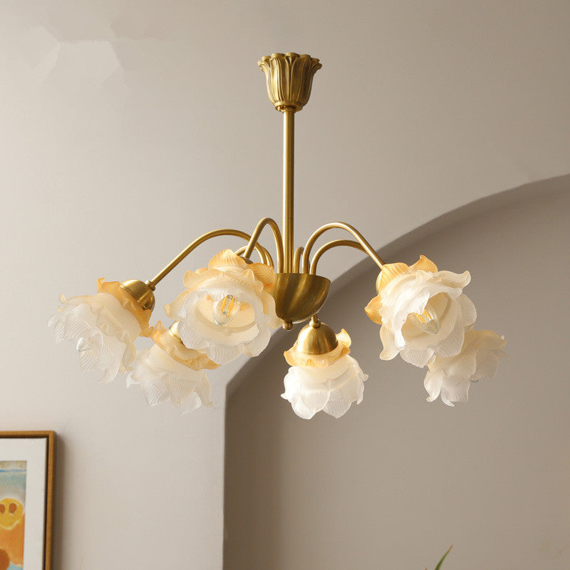 Lustre traditionnel français à tige courbée avec fleurs de rose en cuivre et verre 5/6/8 lumières pour salon 