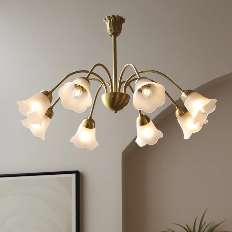 Lustre traditionnel français à tige courbée avec fleurs de rose en cuivre et verre 5/6/8 lumières pour salon 