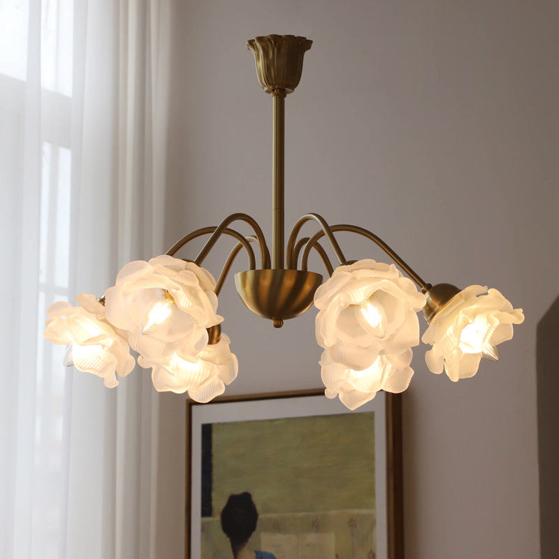 Lustre traditionnel français à tige courbée avec fleurs de rose en cuivre et verre 5/6/8 lumières pour salon 