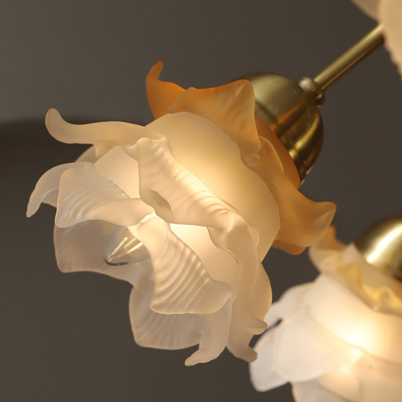 Lustre traditionnel français à tige courbée avec fleurs de rose en cuivre et verre 5/6/8 lumières pour salon 