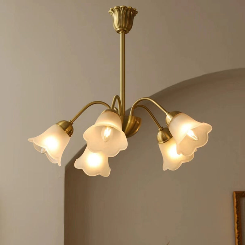 Lustre traditionnel français à tige courbée avec fleurs de rose en cuivre et verre 5/6/8 lumières pour salon 