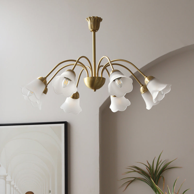 Lustre traditionnel français à tige courbée avec fleurs de rose en cuivre et verre 5/6/8 lumières pour salon 