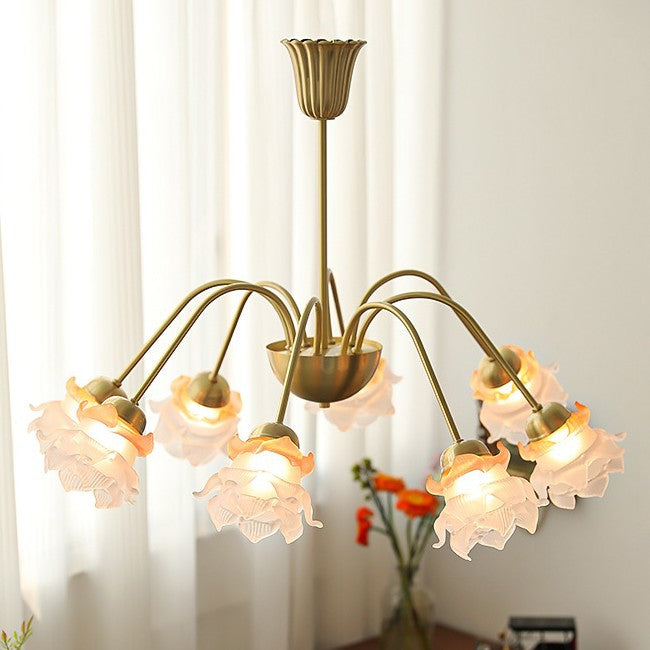 Lustre traditionnel français à tige courbée avec fleurs de rose en cuivre et verre 5/6/8 lumières pour salon 