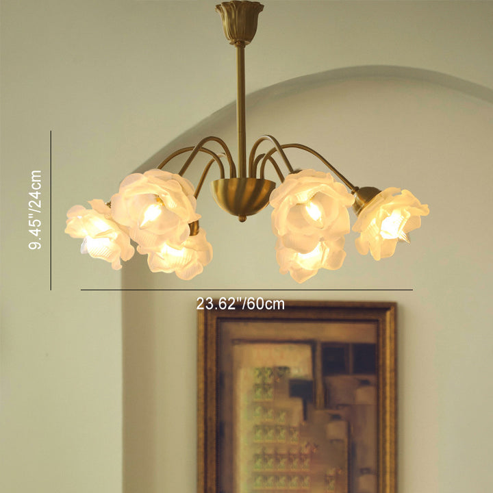 Lustre traditionnel français à tige courbée avec fleurs de rose en cuivre et verre 5/6/8 lumières pour salon 