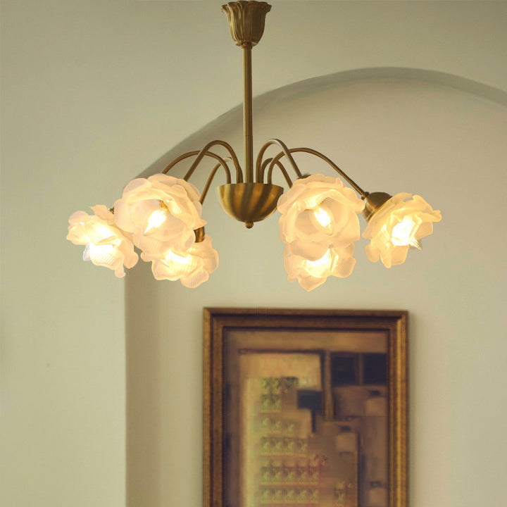 Lustre traditionnel français à tige courbée avec fleurs de rose en cuivre et verre 5/6/8 lumières pour salon 