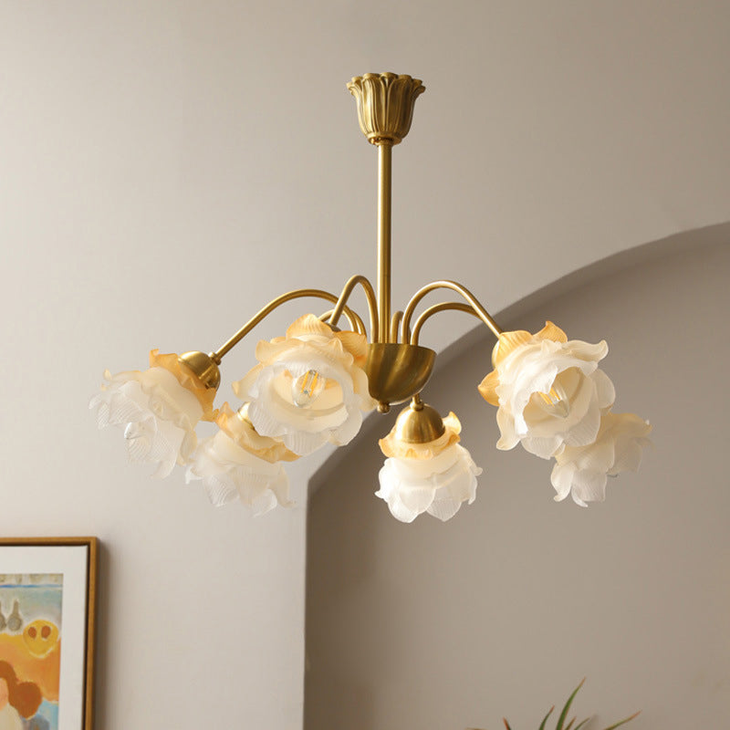 Lustre traditionnel français à tige courbée avec fleurs de rose en cuivre et verre 5/6/8 lumières pour salon 