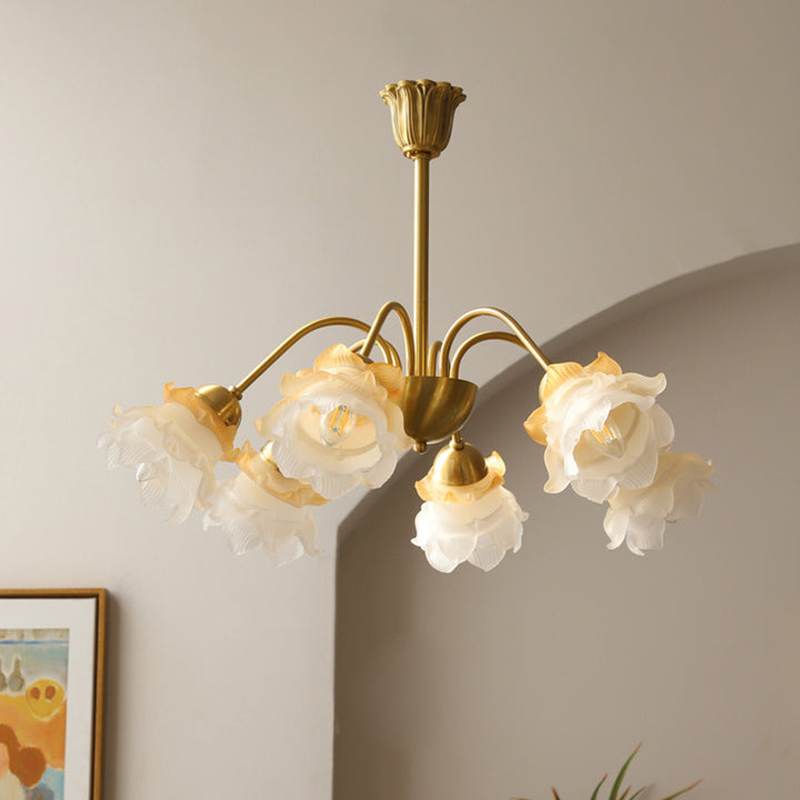 Lustre traditionnel français à tige courbée avec fleurs de rose en cuivre et verre 5/6/8 lumières pour salon 