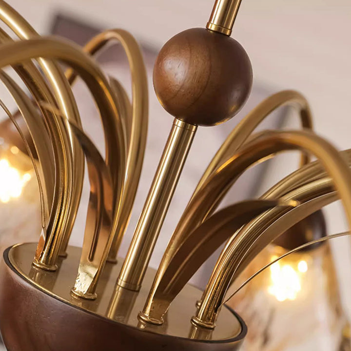 Contemporary Retro Curved Rod Cup Shape Glass Shade Wooden Iron Frame 5/8/10-Light Chandelier For Living Room