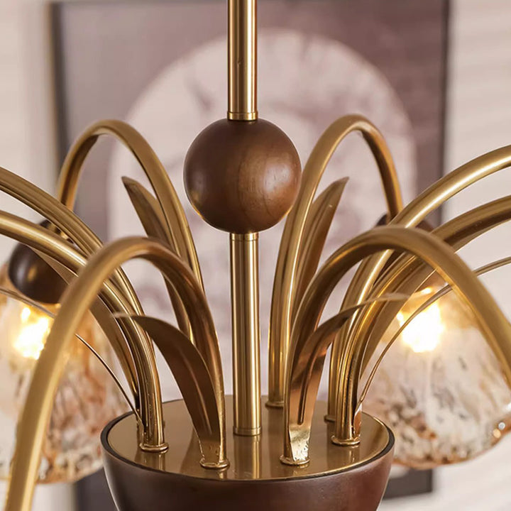 Contemporary Retro Curved Rod Cup Shape Glass Shade Wooden Iron Frame 5/8/10-Light Chandelier For Living Room