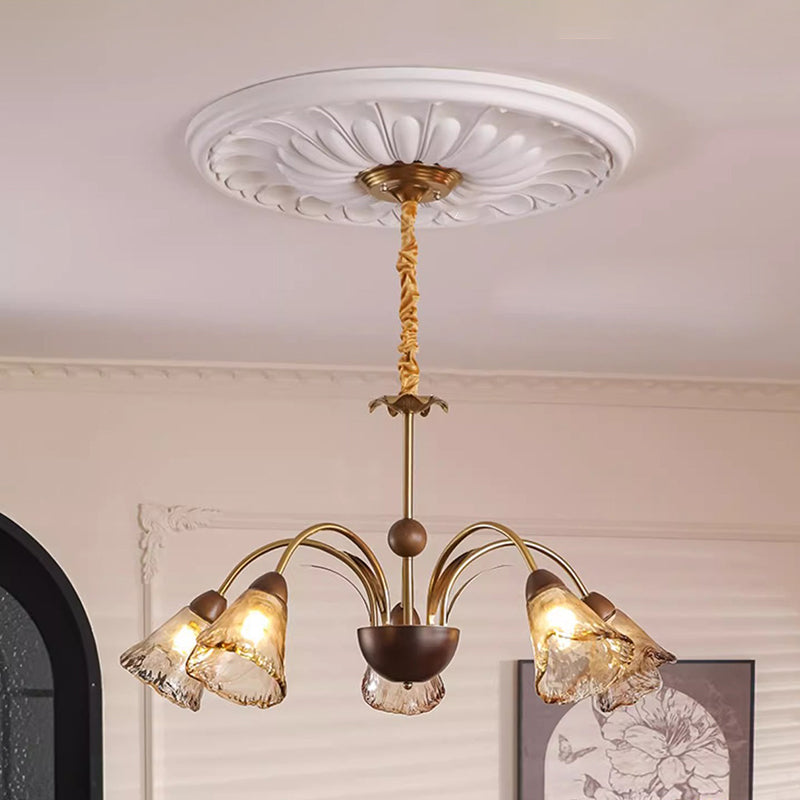 Contemporary Retro Curved Rod Cup Shape Glass Shade Wooden Iron Frame 5/8/10-Light Chandelier For Living Room
