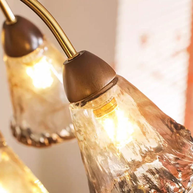 Contemporary Retro Curved Rod Cup Shape Glass Shade Wooden Iron Frame 5/8/10-Light Chandelier For Living Room
