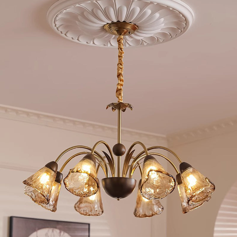 Contemporary Retro Curved Rod Cup Shape Glass Shade Wooden Iron Frame 5/8/10-Light Chandelier For Living Room