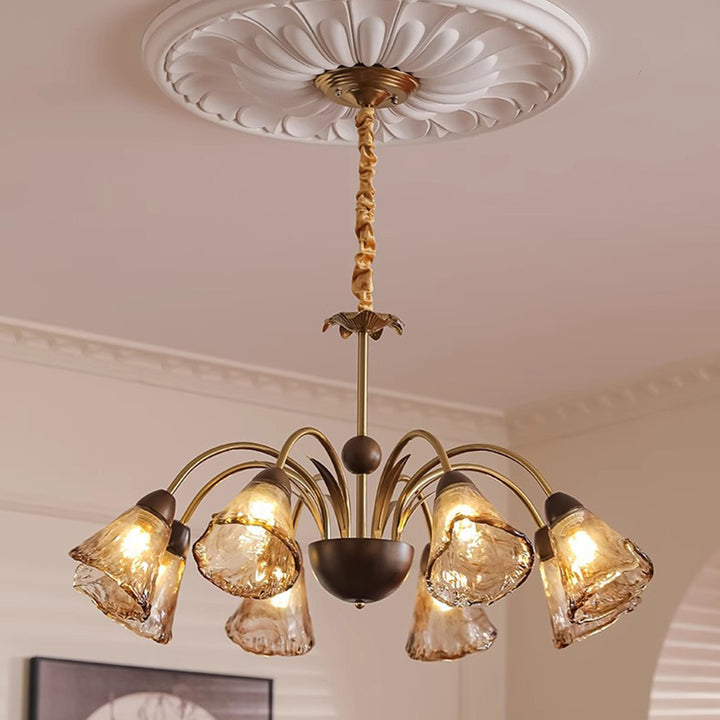 Contemporary Retro Curved Rod Cup Shape Glass Shade Wooden Iron Frame 5/8/10-Light Chandelier For Living Room