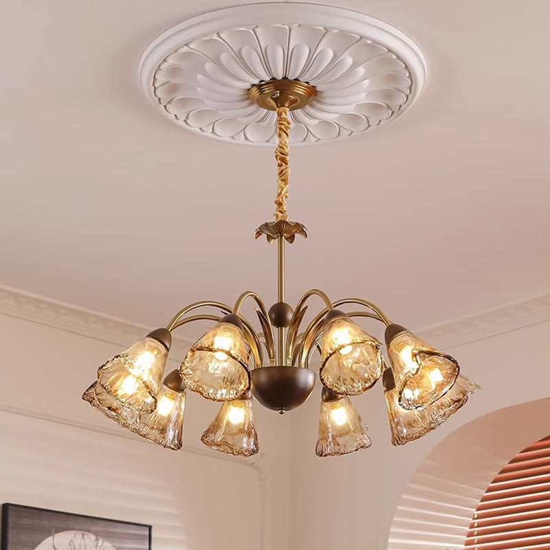 Contemporary Retro Curved Rod Cup Shape Glass Shade Wooden Iron Frame 5/8/10-Light Chandelier For Living Room