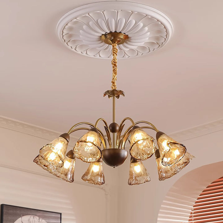 Contemporary Retro Curved Rod Cup Shape Glass Shade Wooden Iron Frame 5/8/10-Light Chandelier For Living Room