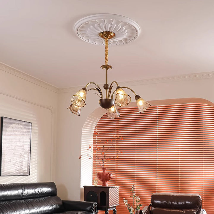Contemporary Retro Curved Rod Cup Shape Glass Shade Wooden Iron Frame 5/8/10-Light Chandelier For Living Room