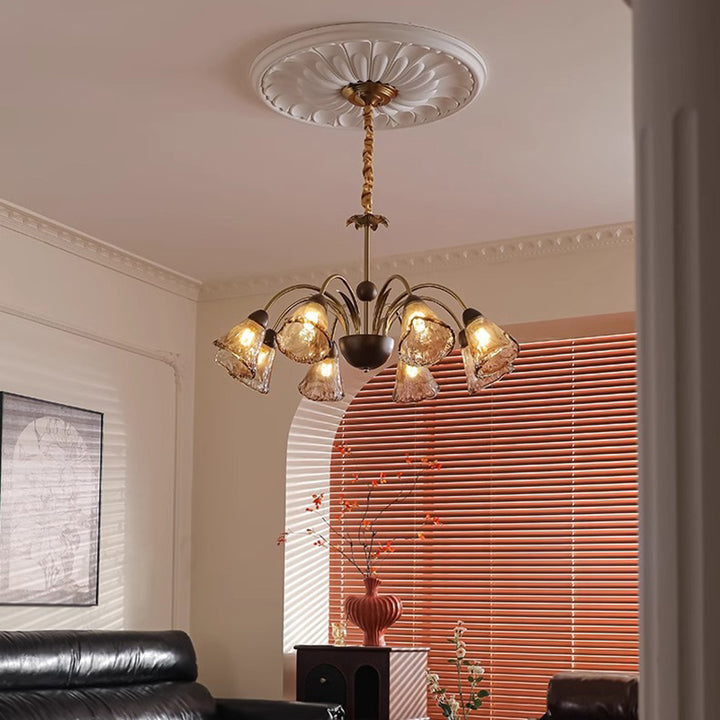 Contemporary Retro Curved Rod Cup Shape Glass Shade Wooden Iron Frame 5/8/10-Light Chandelier For Living Room