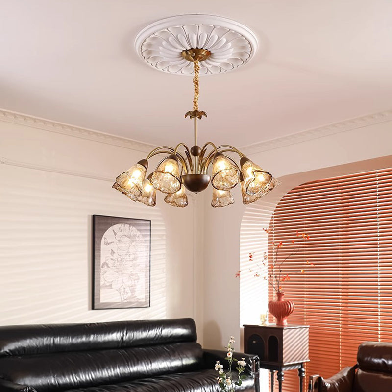 Contemporary Retro Curved Rod Cup Shape Glass Shade Wooden Iron Frame 5/8/10-Light Chandelier For Living Room