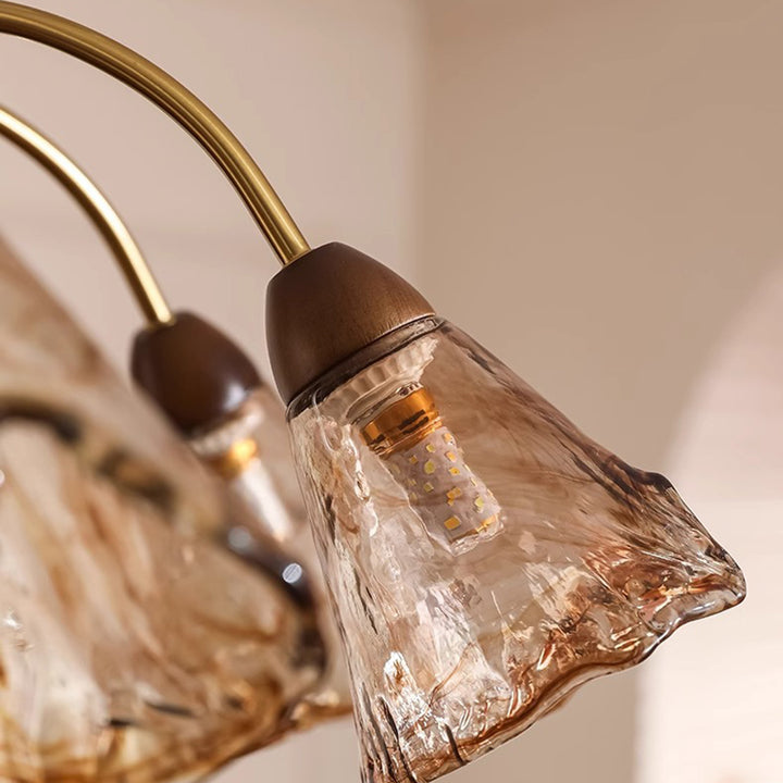 Contemporary Retro Curved Rod Cup Shape Glass Shade Wooden Iron Frame 5/8/10-Light Chandelier For Living Room