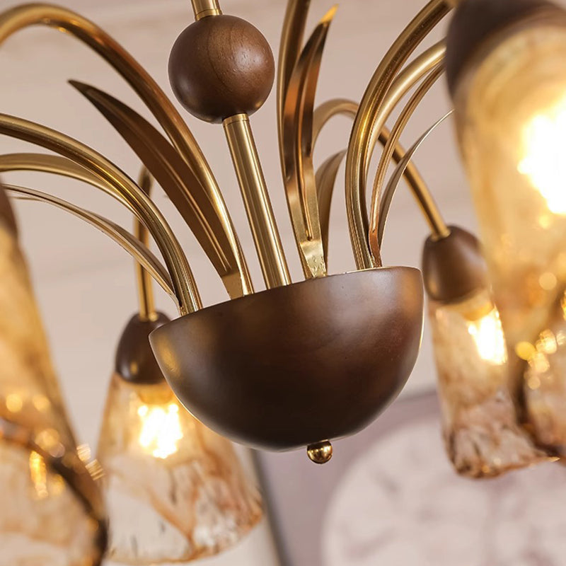 Contemporary Retro Curved Rod Cup Shape Glass Shade Wooden Iron Frame 5/8/10-Light Chandelier For Living Room