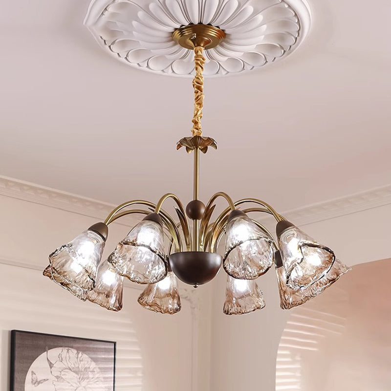 Contemporary Retro Curved Rod Cup Shape Glass Shade Wooden Iron Frame 5/8/10-Light Chandelier For Living Room