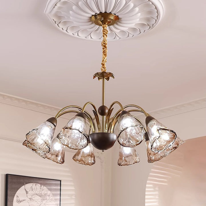 Contemporary Retro Curved Rod Cup Shape Glass Shade Wooden Iron Frame 5/8/10-Light Chandelier For Living Room