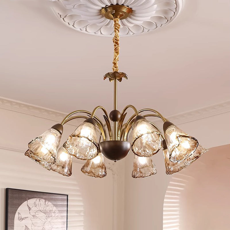 Contemporary Retro Curved Rod Cup Shape Glass Shade Wooden Iron Frame 5/8/10-Light Chandelier For Living Room