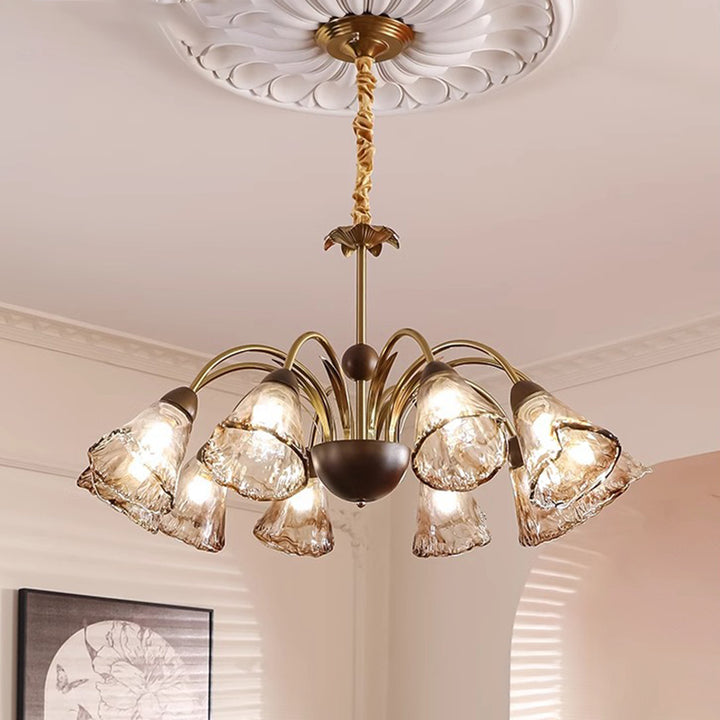 Contemporary Retro Curved Rod Cup Shape Glass Shade Wooden Iron Frame 5/8/10-Light Chandelier For Living Room