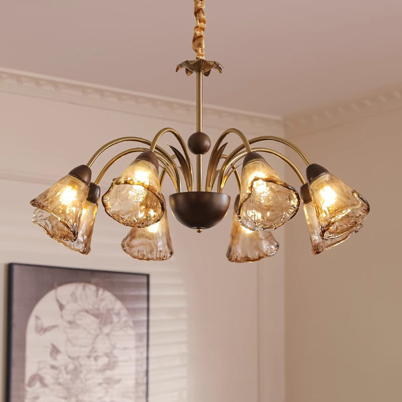 Contemporary Retro Curved Rod Cup Shape Glass Shade Wooden Iron Frame 5/8/10-Light Chandelier For Living Room