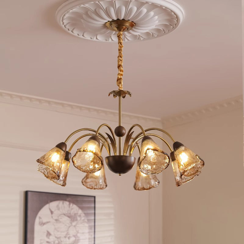 Contemporary Retro Curved Rod Cup Shape Glass Shade Wooden Iron Frame 5/8/10-Light Chandelier For Living Room