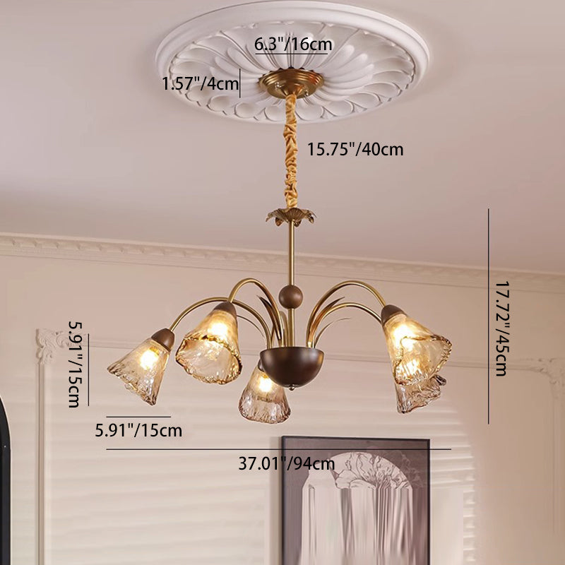Contemporary Retro Curved Rod Cup Shape Glass Shade Wooden Iron Frame 5/8/10-Light Chandelier For Living Room