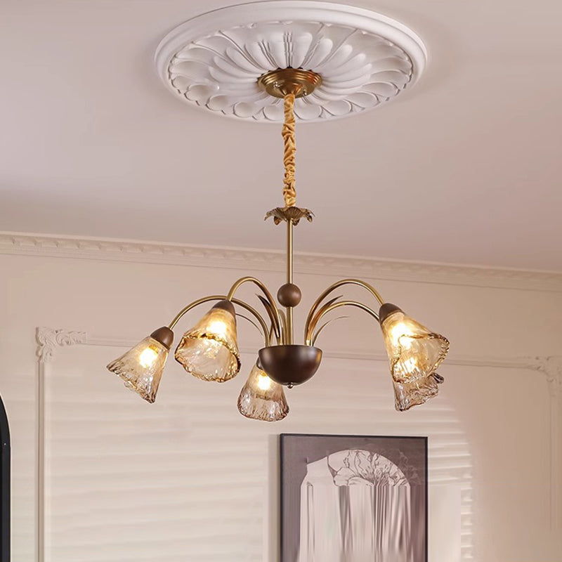Contemporary Retro Curved Rod Cup Shape Glass Shade Wooden Iron Frame 5/8/10-Light Chandelier For Living Room