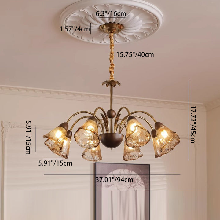 Contemporary Retro Curved Rod Cup Shape Glass Shade Wooden Iron Frame 5/8/10-Light Chandelier For Living Room