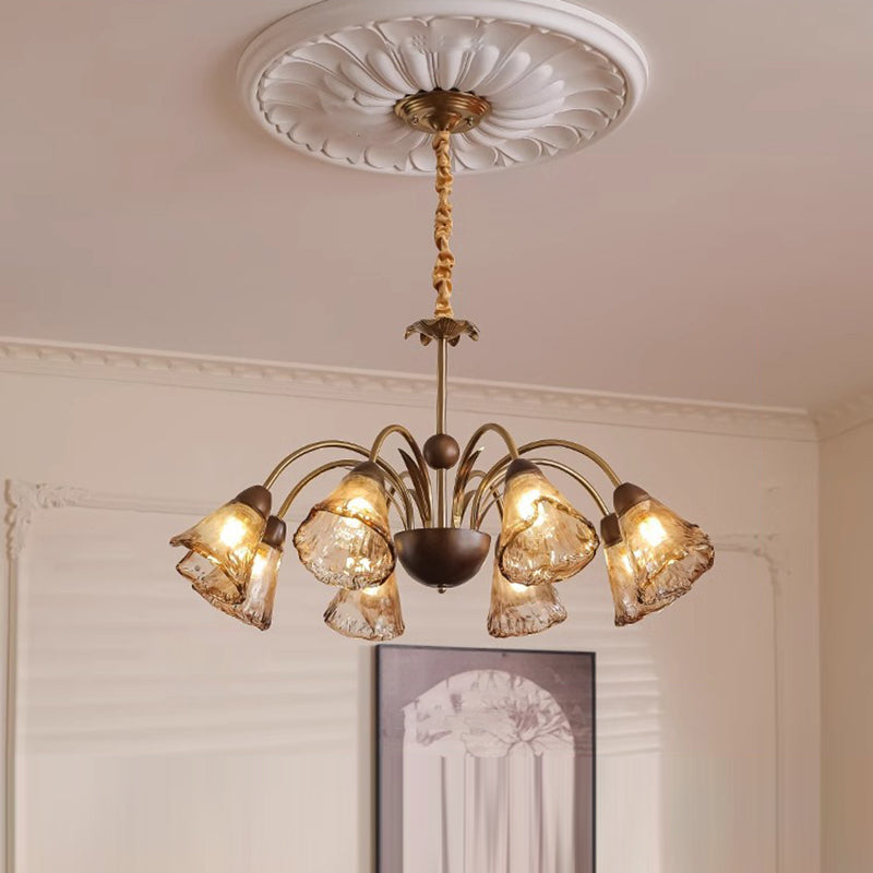Contemporary Retro Curved Rod Cup Shape Glass Shade Wooden Iron Frame 5/8/10-Light Chandelier For Living Room