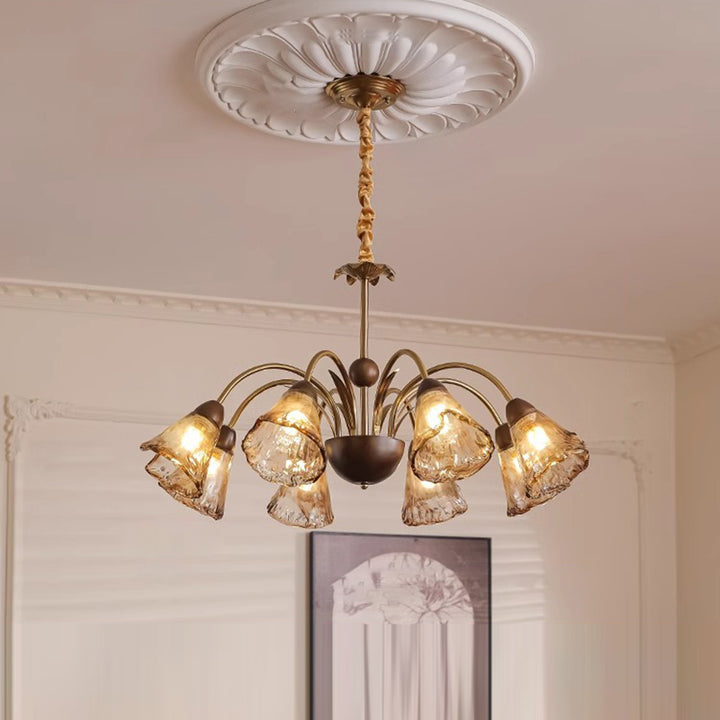 Contemporary Retro Curved Rod Cup Shape Glass Shade Wooden Iron Frame 5/8/10-Light Chandelier For Living Room