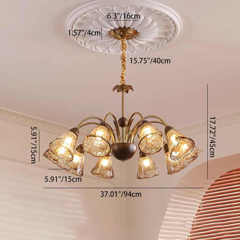 Contemporary Retro Curved Rod Cup Shape Glass Shade Wooden Iron Frame 5/8/10-Light Chandelier For Living Room