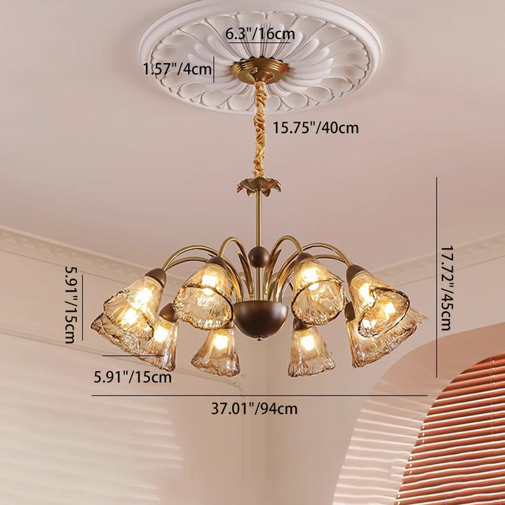 Contemporary Retro Curved Rod Cup Shape Glass Shade Wooden Iron Frame 5/8/10-Light Chandelier For Living Room