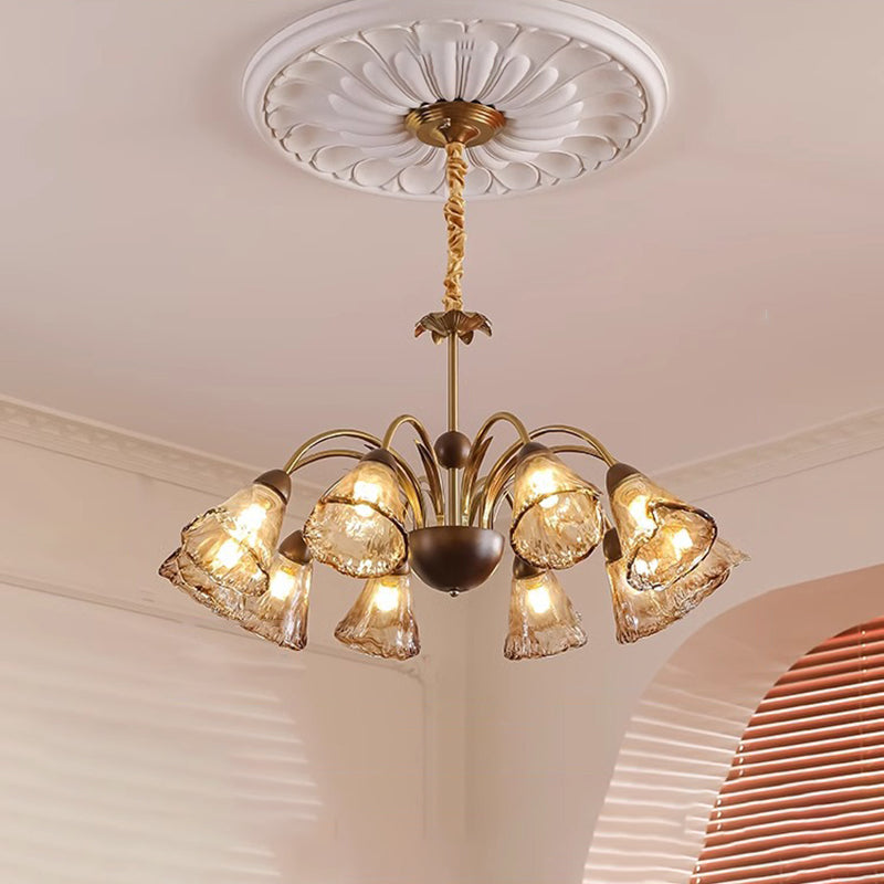 Contemporary Retro Curved Rod Cup Shape Glass Shade Wooden Iron Frame 5/8/10-Light Chandelier For Living Room