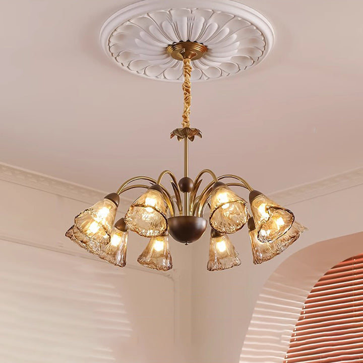 Contemporary Retro Curved Rod Cup Shape Glass Shade Wooden Iron Frame 5/8/10-Light Chandelier For Living Room
