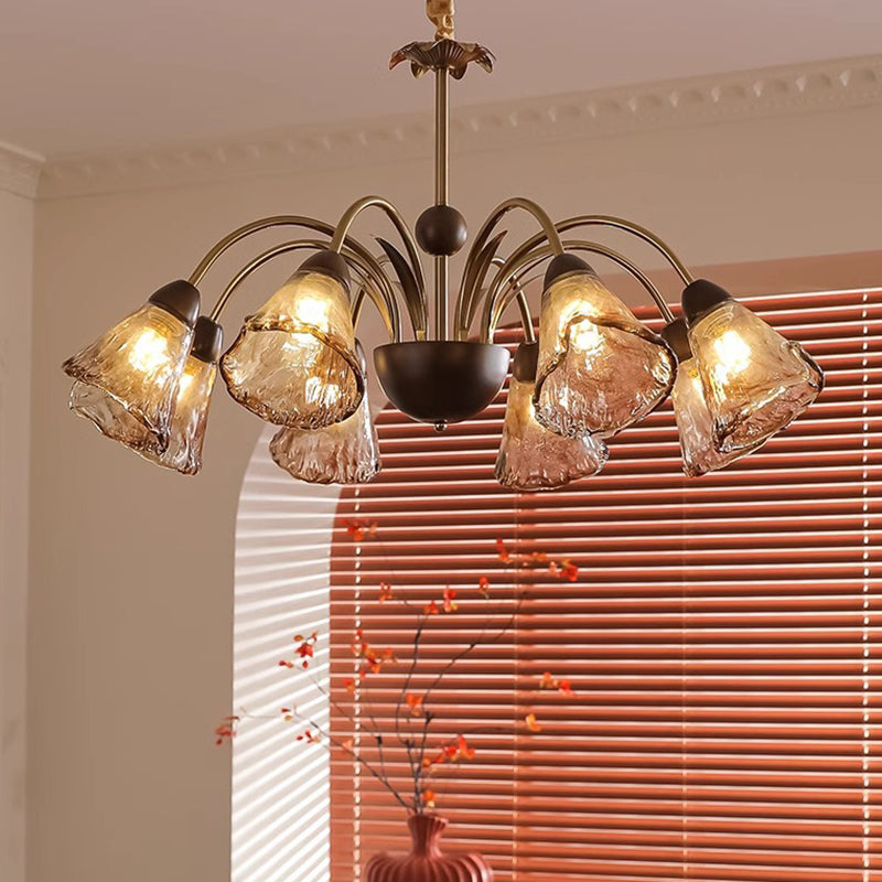 Contemporary Retro Curved Rod Cup Shape Glass Shade Wooden Iron Frame 5/8/10-Light Chandelier For Living Room