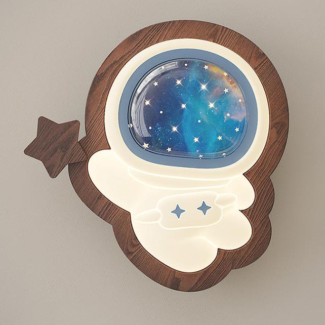 Zeitgenössische kreative Astronauten-Wandleuchte mit Holzsockel und PE-Schirm für das Schlafzimmer 