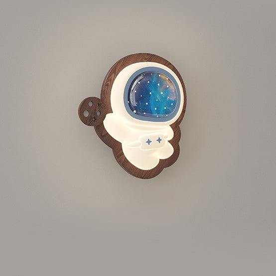 Zeitgenössische kreative Astronauten-Wandleuchte mit Holzsockel und PE-Schirm für das Schlafzimmer 