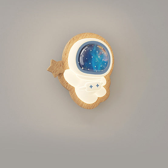 Zeitgenössische kreative Astronauten-Wandleuchte mit Holzsockel und PE-Schirm für das Schlafzimmer 