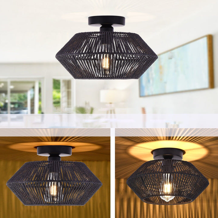 Plafonnier semi-encastré contemporain bohème rond en rotin à 1 lumière pour salon 